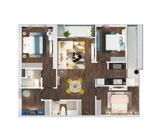  Thiết kế chi tiết căn hộ 3 phòng ngủ diện tích 96.6 m2 dự án The Terra An Hưng