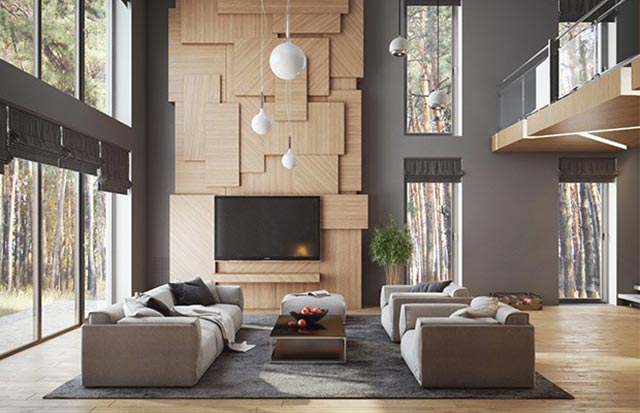 Hình ảnh căn phòng khách dùng vách tivi làm từ gỗ công nghiệp